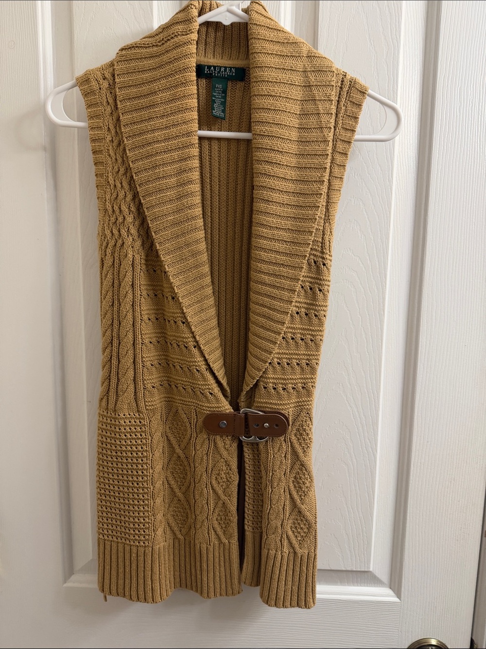 Lauren Ralph Lauren Camel Shawl-Collar Knit Vest with Belt